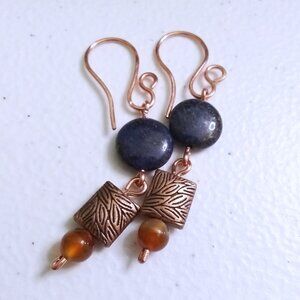 Autumn Alchemy: Copper & Lapis Coin Earrings with Russet Agate Warmth ~ Handmade